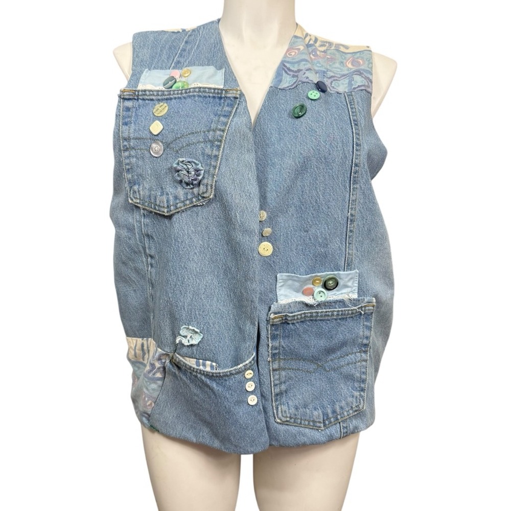 Vintage Handmade Denim Patchwork Vest Womens 2X Blue Button Embellished Artsy